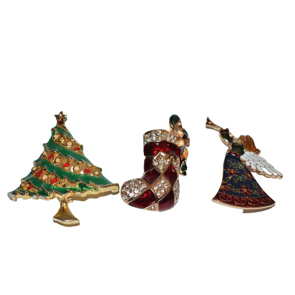 Vtg Stauer Christmas Brooch Angel & stocking Pin lot + Christmas‎ Tree